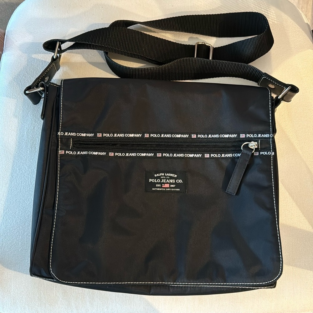RALPH LAUREN Polo Jeans Co. CROSSBODY BAG Black Nylon Purse , Adjustable Strap,